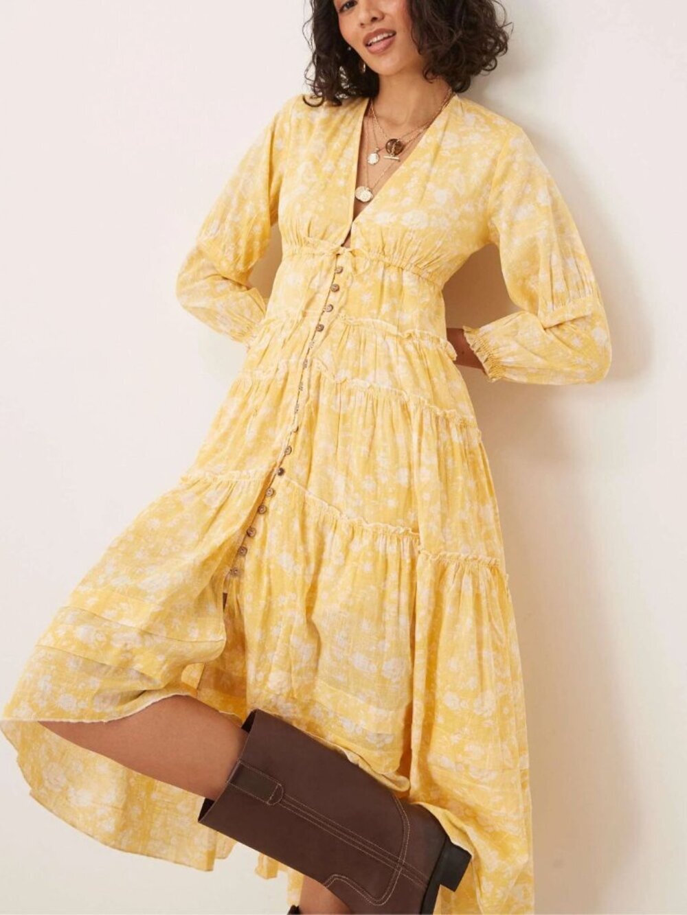 New! Free People Sunshine Yellow Pappiet Chintzy Floral Midi Dress 8434 - Picture 2 of 16